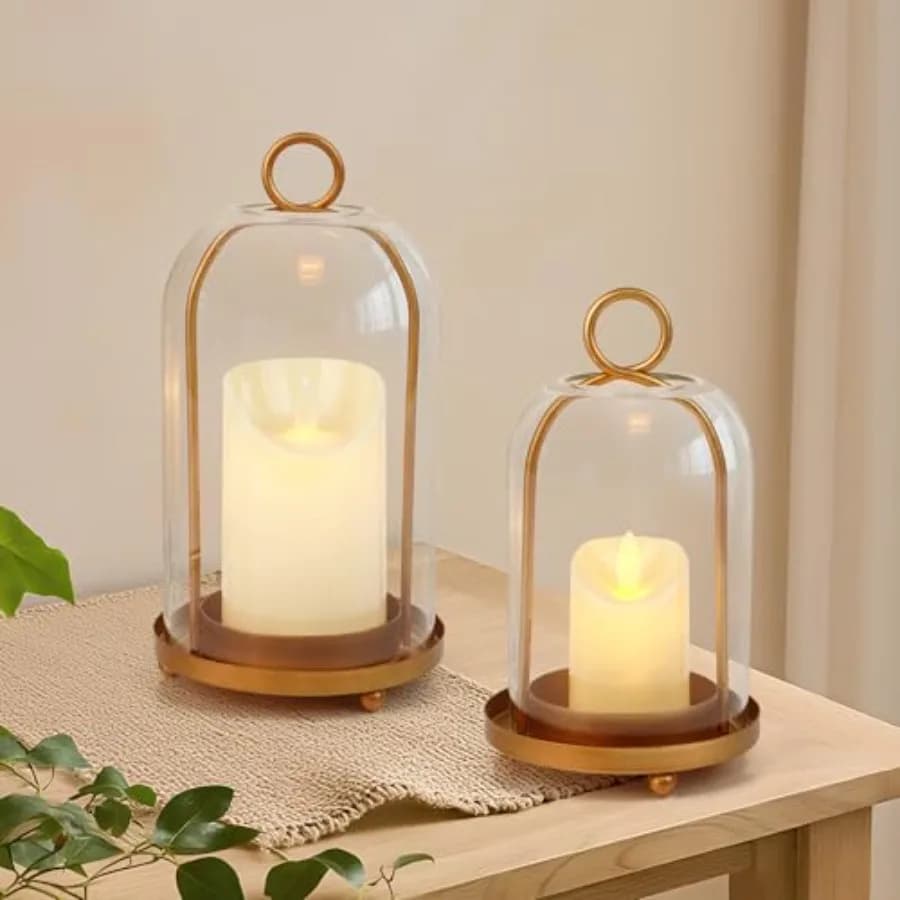 Portacandele in Vetro Stile Hurricane, Lanterna Decorativa, Set di 2 Supporti per Candele a Colonna, Portacandele Sospeso in Metallo Moderno da Tavolo