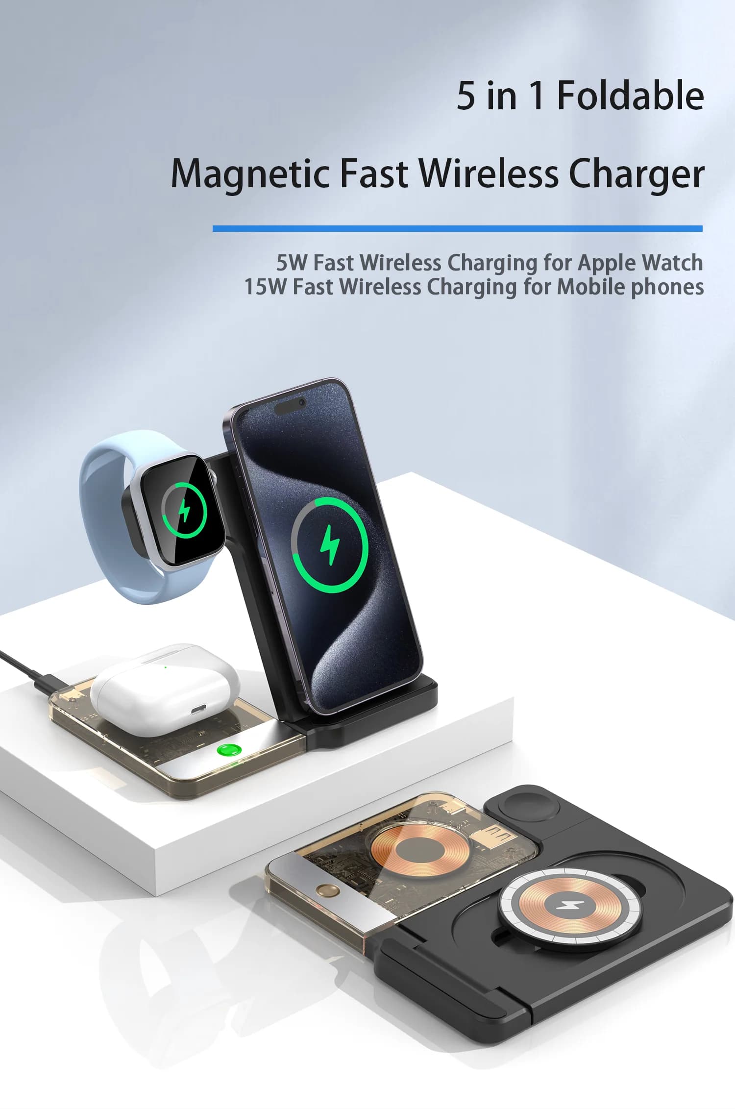 Caricabatterie Wireless magnetico 5 in 1 pieghevole per iPhone 15-12 Airpods Pro Series 1-9/SE 1-2/Ultra con luce notturna