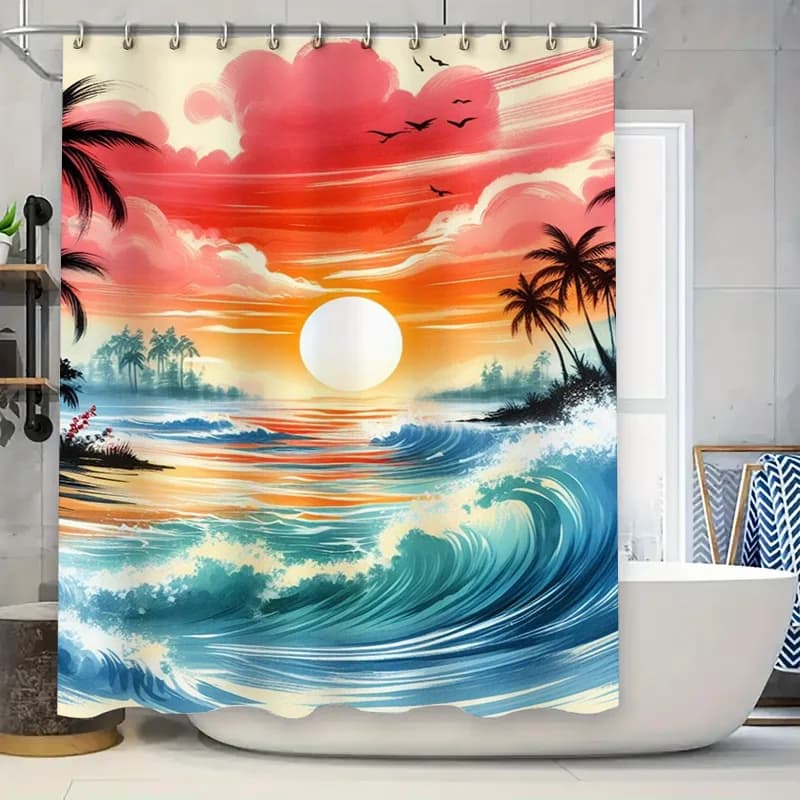 Decorazione moderna per il bagno: tenda da doccia con onde al tramonto con palme Bellissimo design con onde dell'oceano blu, arancioni e bianche per la decorazione del bagno