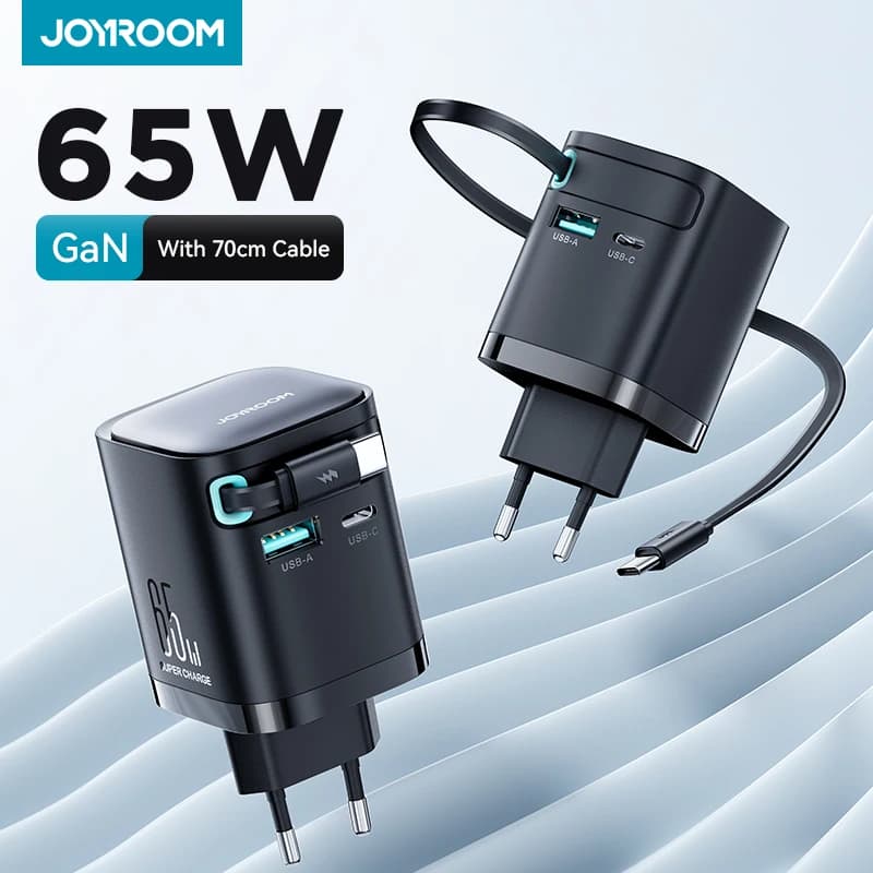 Joyroom Caricatore USB GaN da 65 W con cavo retrattile di tipo C per telefono Tablet Laptop Ricarica rapida per iPhone Samsung MacBook