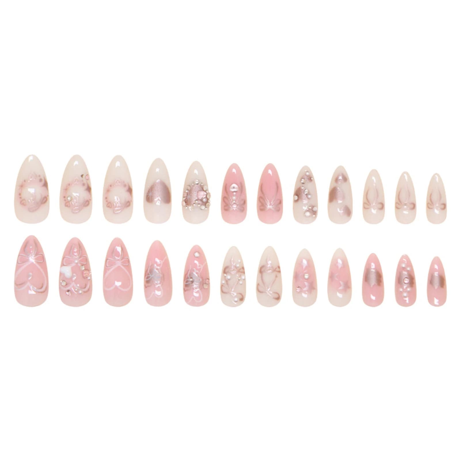 Press on Nails Easy-to-Apply Fake Nails for Wedding Parties Pink Bowknot Rhinestone Manicure Kit Resin Nail Art 24pcs