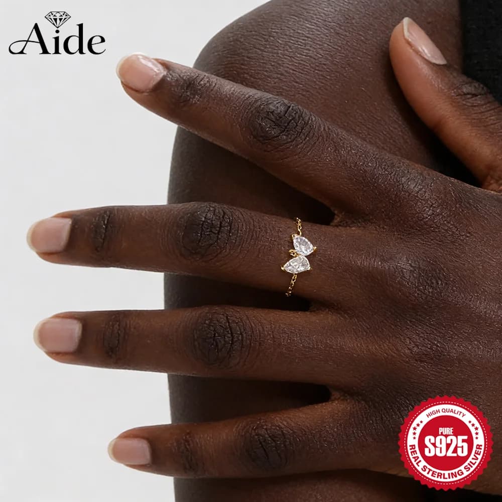 AIDE Anello regolabile con catena in argento sterling 925 con zirconi geometrici a goccia d'acqua per donna, anello in stile minimalista europeo americano