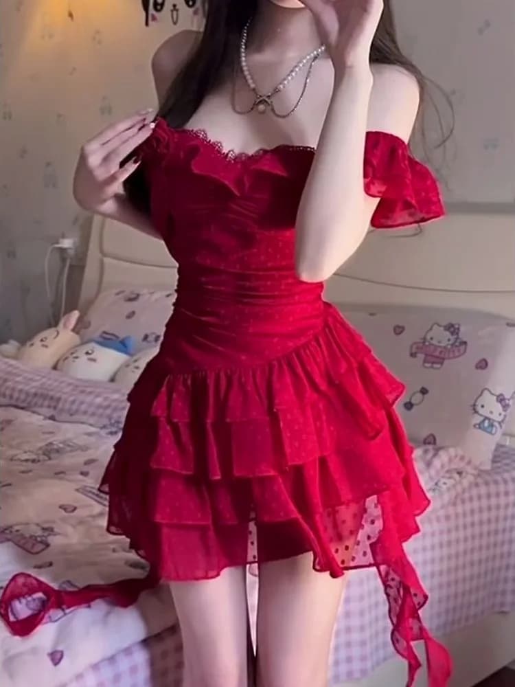Red Polka Dot off Shoulder Dress Women Summer Elegant Design Asymmetrical Sash Short Skirt Sweet Style High Waist Cake Skirt