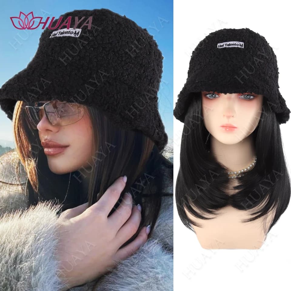 Cappello Parrucca con Extension di Capelli, Parrucche Naturali Nere Sintetiche Corte fino alla Clavicola, Cappello Parrucca Caldo per Autunno e Inverno