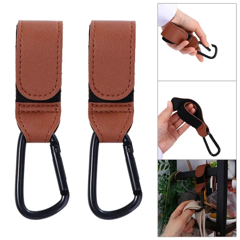 Moschettone in lega di alluminio con gancio in pelle PU per passeggino, accessori per carrozzina, gancio per borsa fasciatoio, clip e organizer per passeggino