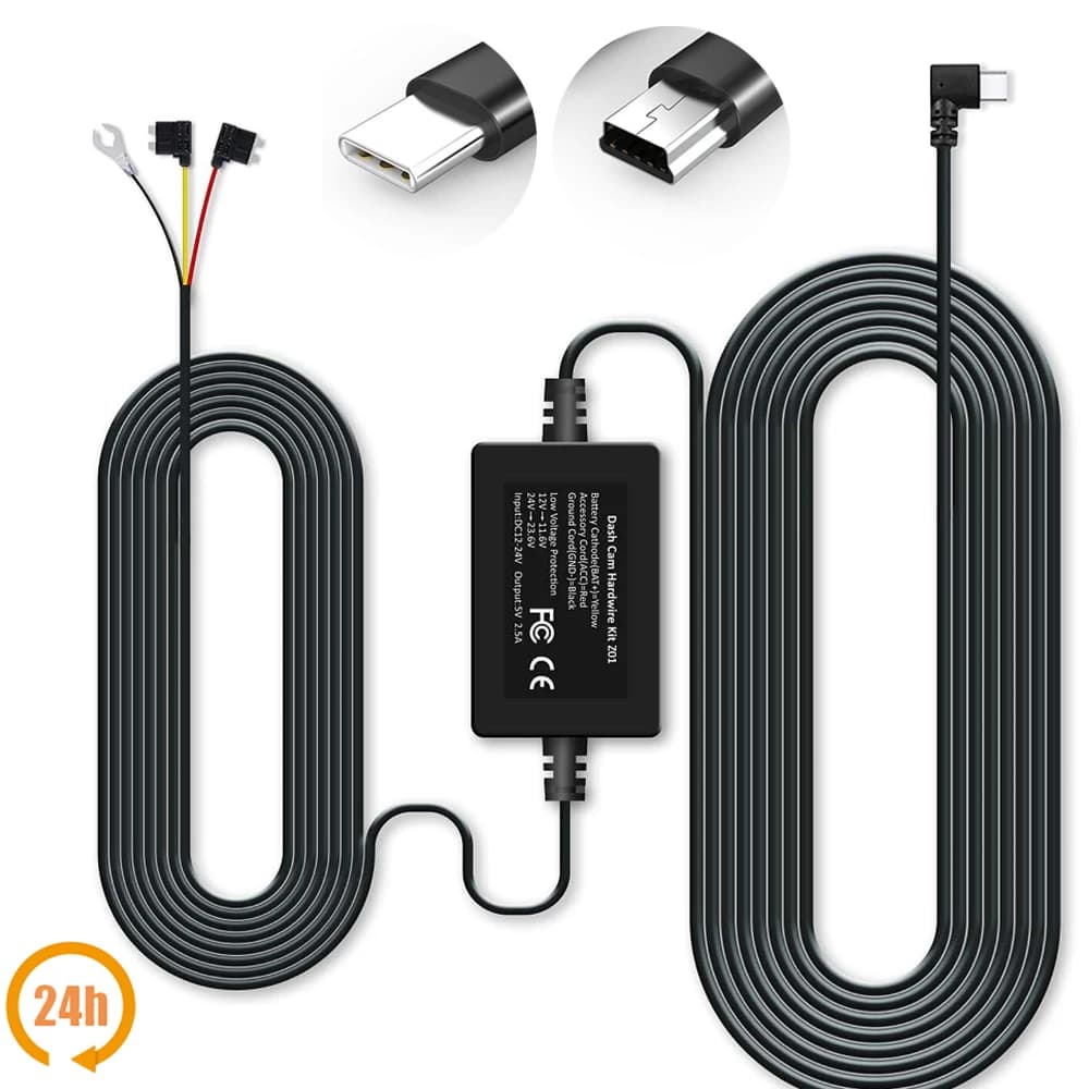24/7 Time-Lapse Dash Cam Parking and Recording Monitor Hardwire- Interface Mini USB from 12V-24V to 5V/2A (length 11.5 feet)