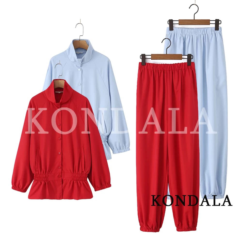 KONDALA Women Trendy Sporty Pants Set Stand Collar Jacket Elastic Waist Pants New Fashion 2026 Spring Fall High Street Cool Set