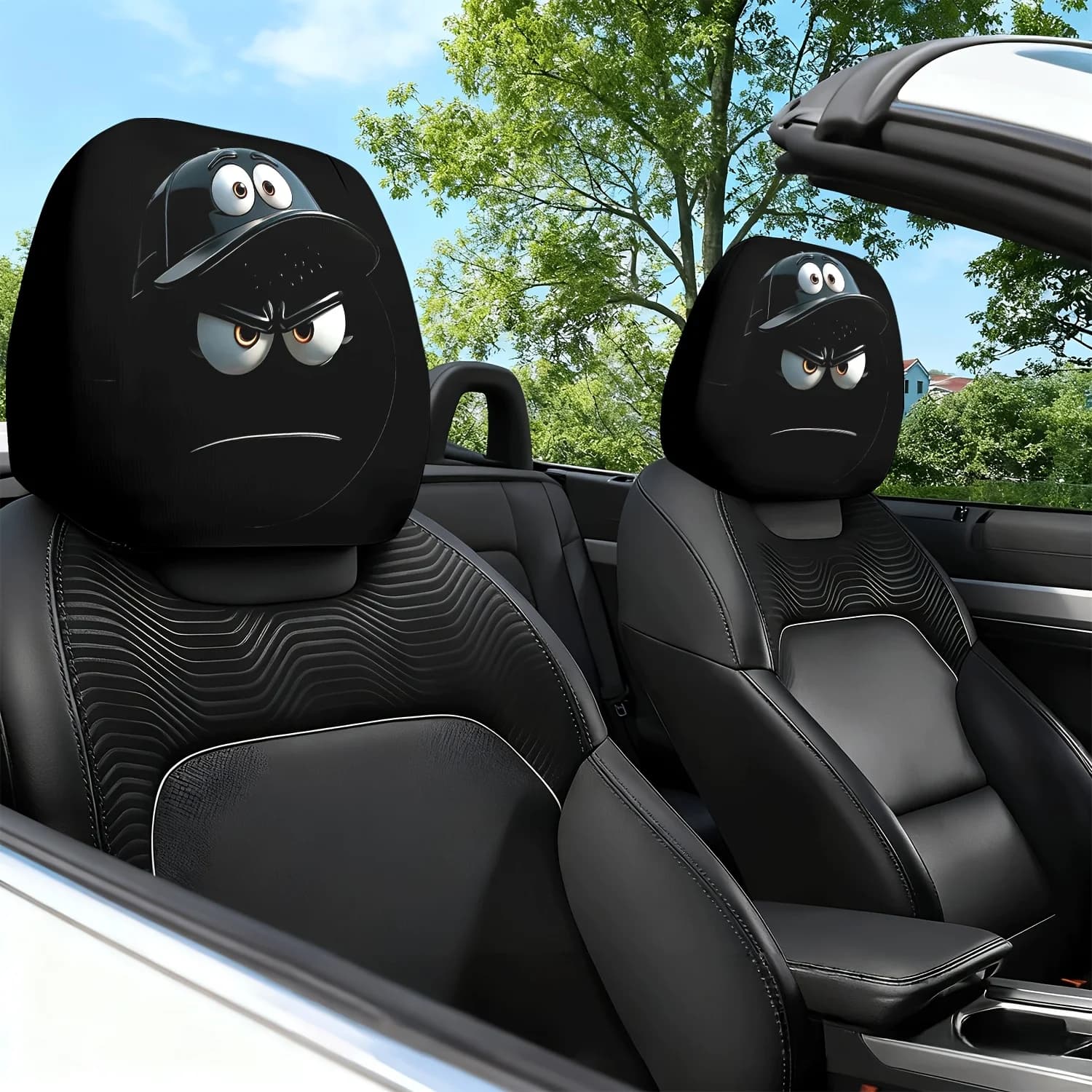 2 coperture per cuscini poggiatesta e cuscini per il collo per seggiolino auto, con stampa a tema personaggi dei cartoni animati con espressione arrabbiata - con un design simpatico