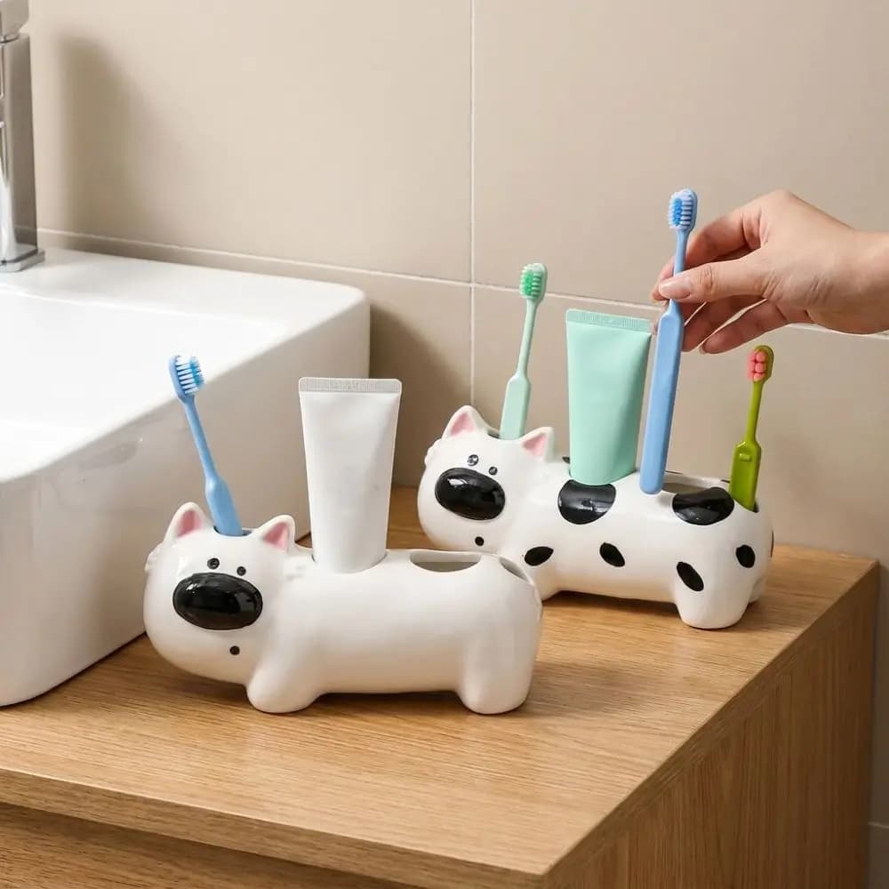Ceramic Dog Shaped Toothbrush Holder 4 Slots Non Slip Toothpaste Toothbrush Base Waterproof Decorative Washbasin Stand Washstand