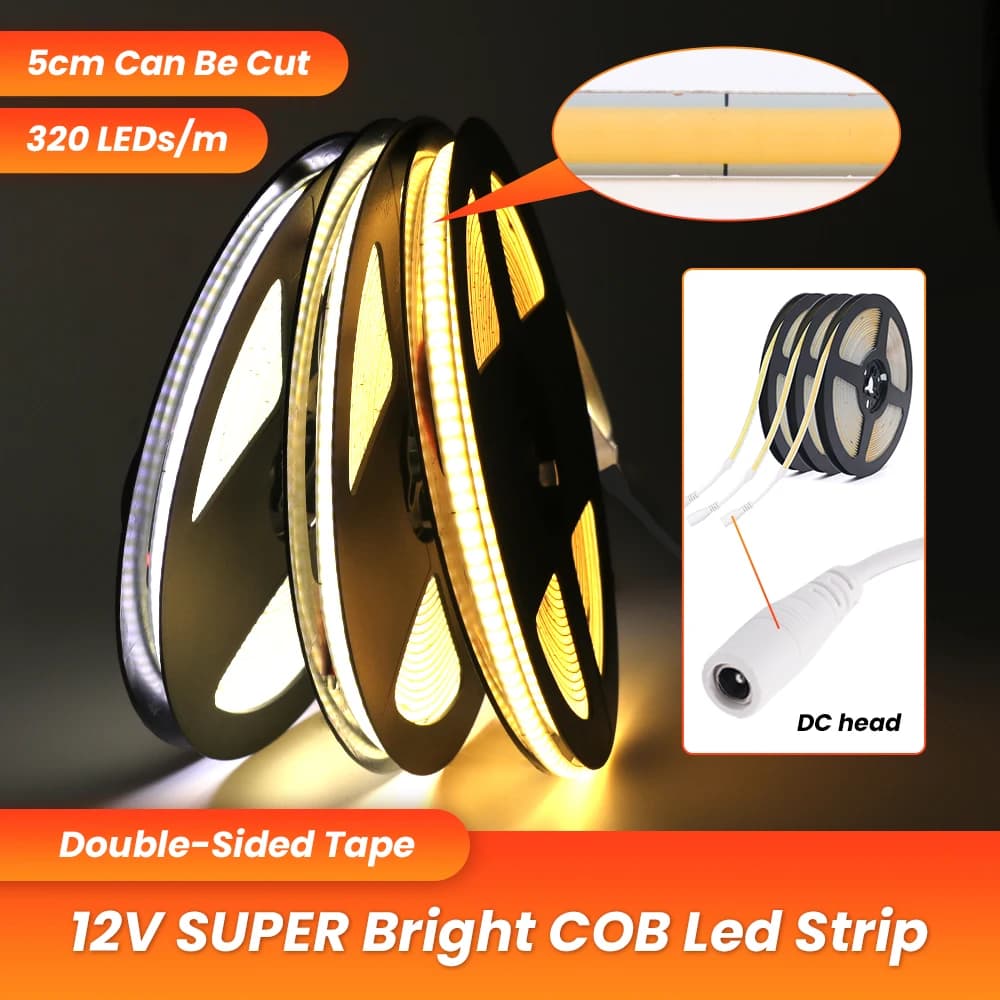 12V COB LED Strip Light 320 LEDs/m High Density Flexible Tape Light with DC Plug for Cabinet TV Bedroom Decor