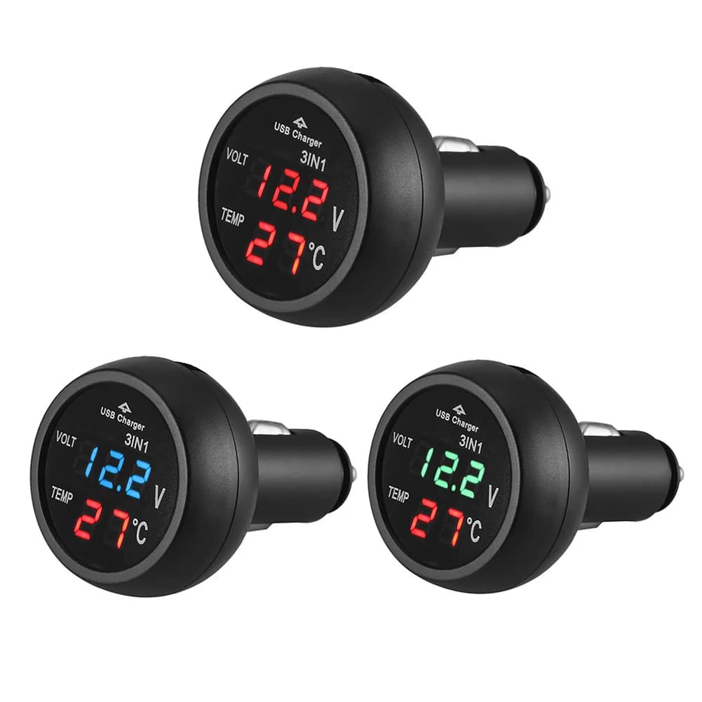 3 in 1 12/24V Car Volt Meter LED Digital Display Car Voltmeter Thermometer Car Truck USB Charger Current Meter Volt Detector
