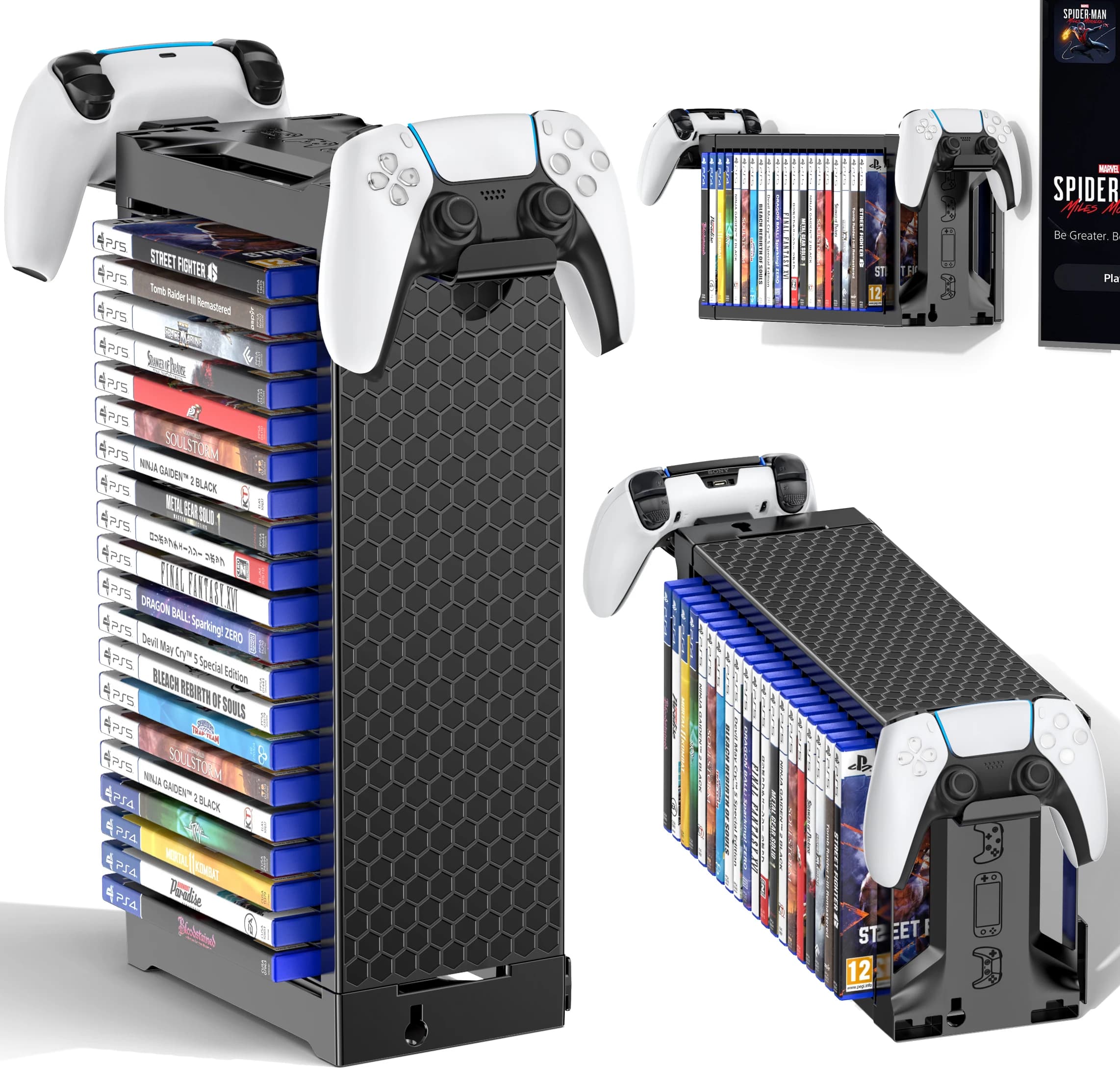 Supporto per torre di archiviazione per videogiochi con supporto per controller Organizzatori di giochi per montaggio a parete Supporto verticale e orizzontale per 20 dischi da gioco
