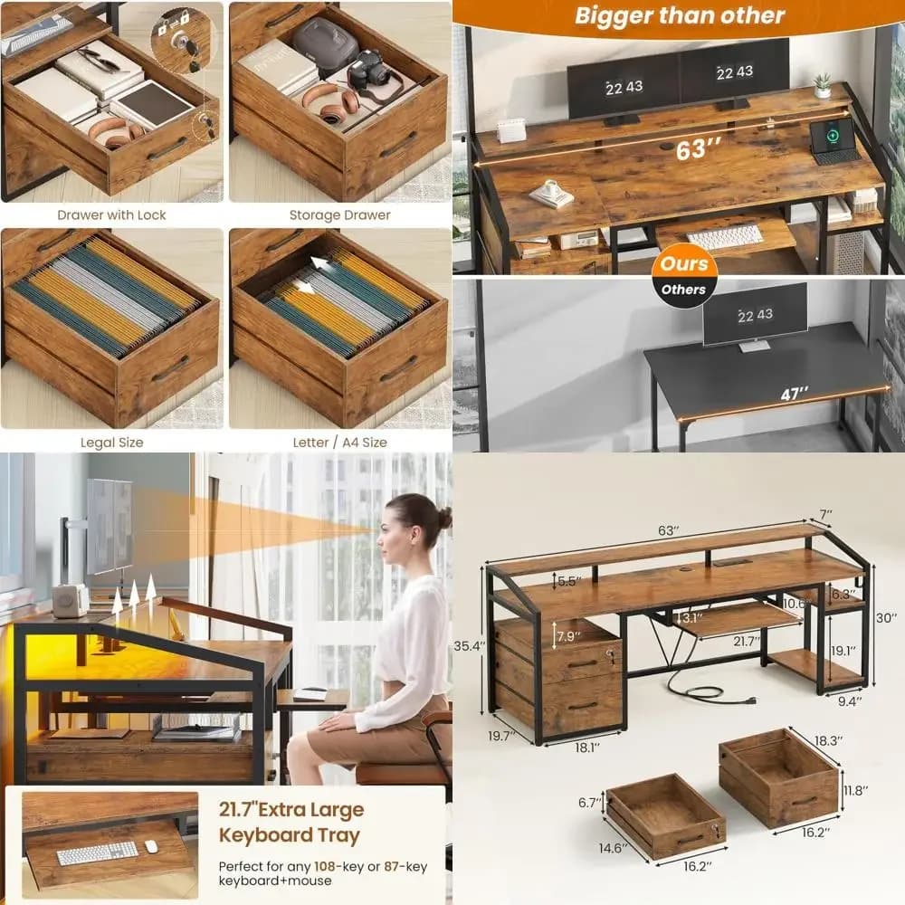 Scrivania da ufficio "ergonomica da 63" con cassetti con serratura, scrivania da gioco illuminata a led e presa di corrente per l'home office"