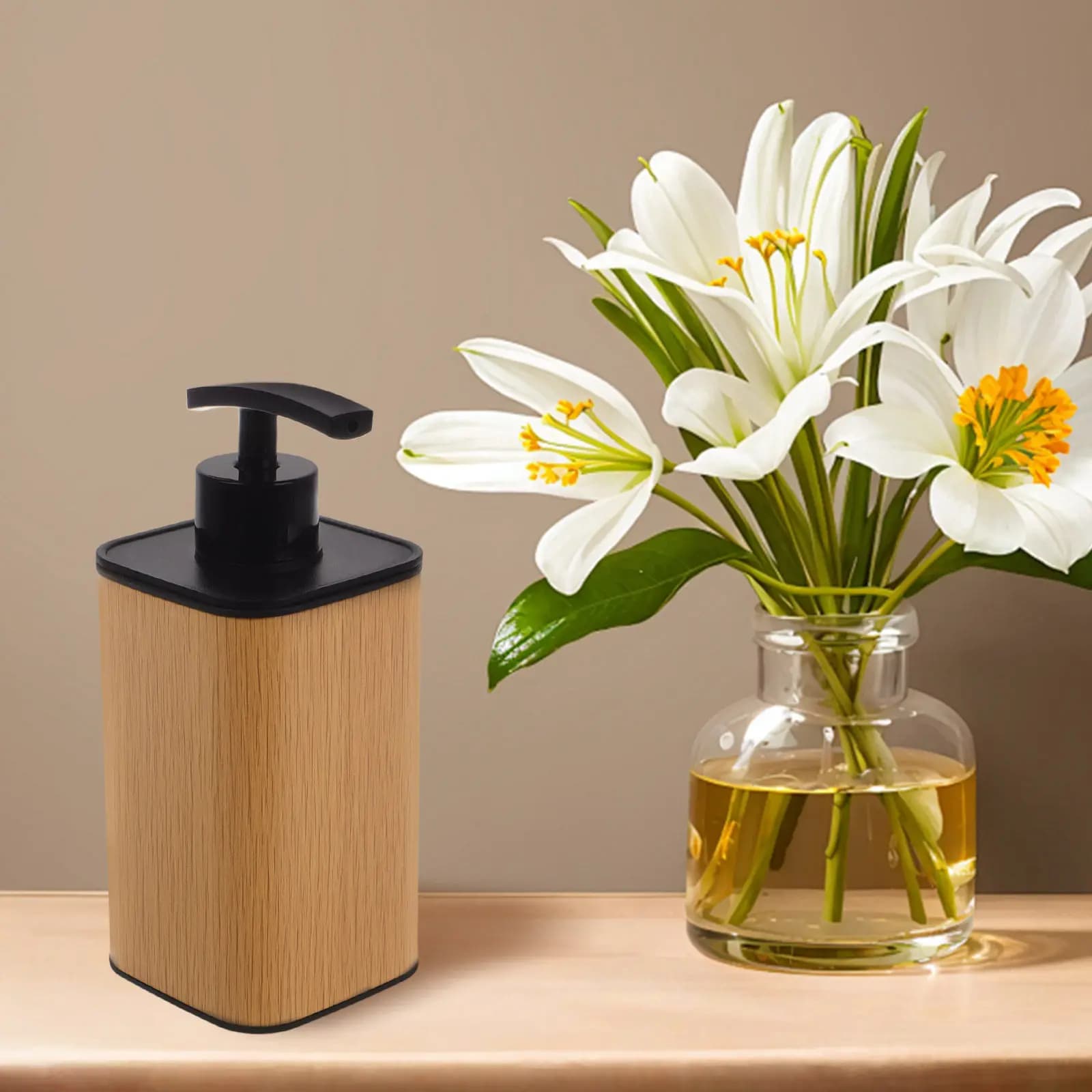 380Ml Simulated Wood Grain Liquid Soap Dispenser Refillable Lotion Bottle with Pump Modern Elegant Design for Bathroom Hotel