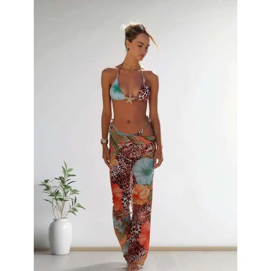 Womens Floral Print Chiffon Cover Up Two Piece Swimsuit Halter Tie Backless Beach Dress Summer Vacation