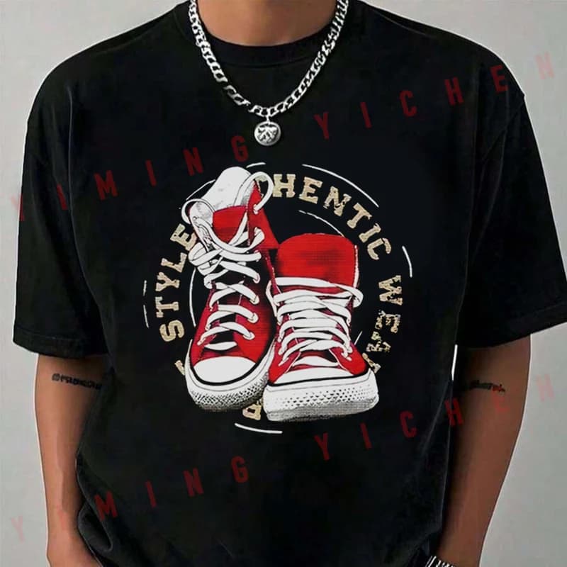 Red & White Sneaker Graphic Motorcycle T-Shirt Men Hip Hop Streetwear Unisex Casual Fashionable Short Sleeve Tops