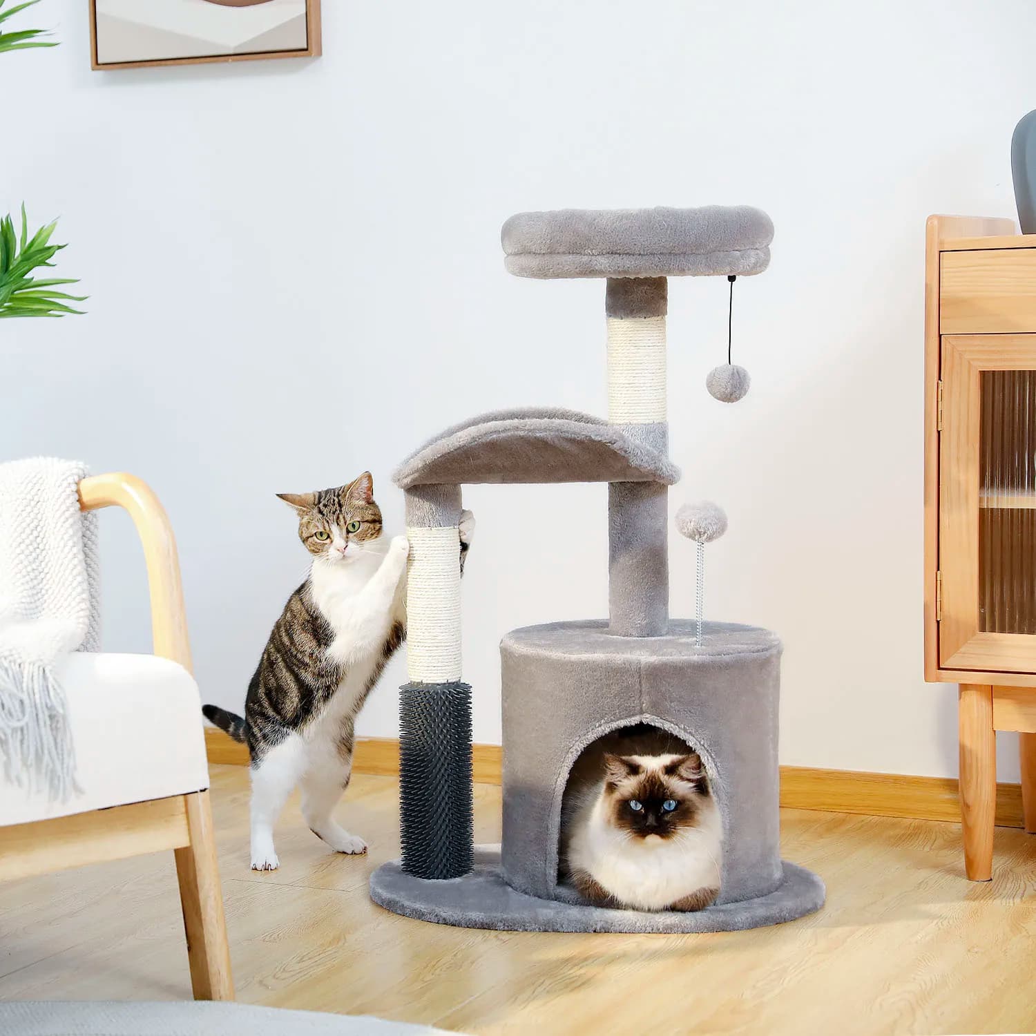 Piccolo tiragraffi per gatti da interno, torre per gatti media con giocattolo interattivo per gatti, condominio per gatti da 32.7 "con spazzola per toelettatura automatica