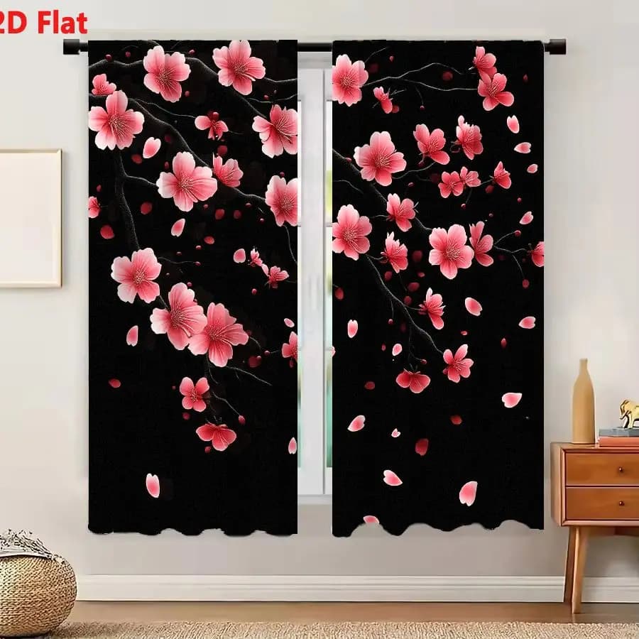 2Pcs Curtains 2D Flat Digital Illustration Of Cherry Blossom Branches Against Black Background, Dark Gray Twigs With Pink Flower