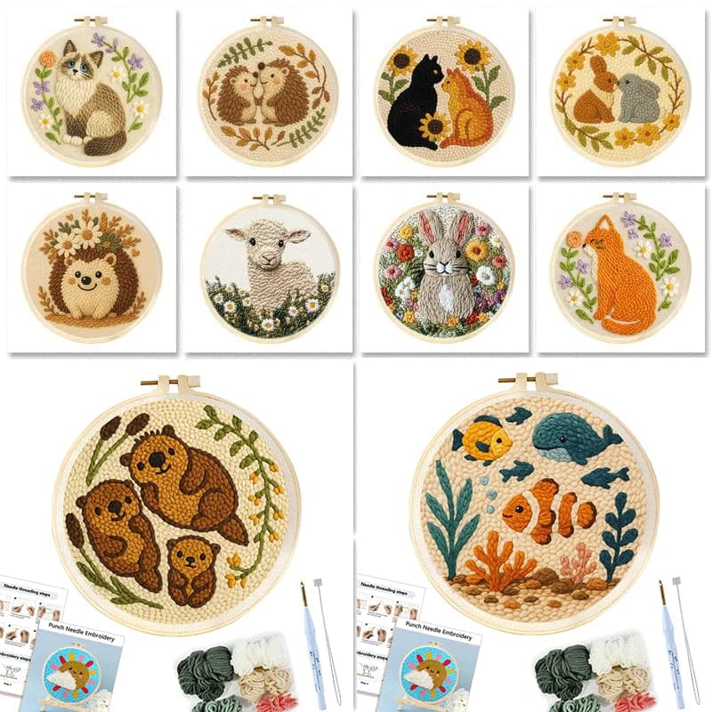GATYZTORY DIY Punch Needle Kits Cute Animal Easy for Beginners Punch Needle Embroidery Set with Hoop Rug hooking Festival Gift