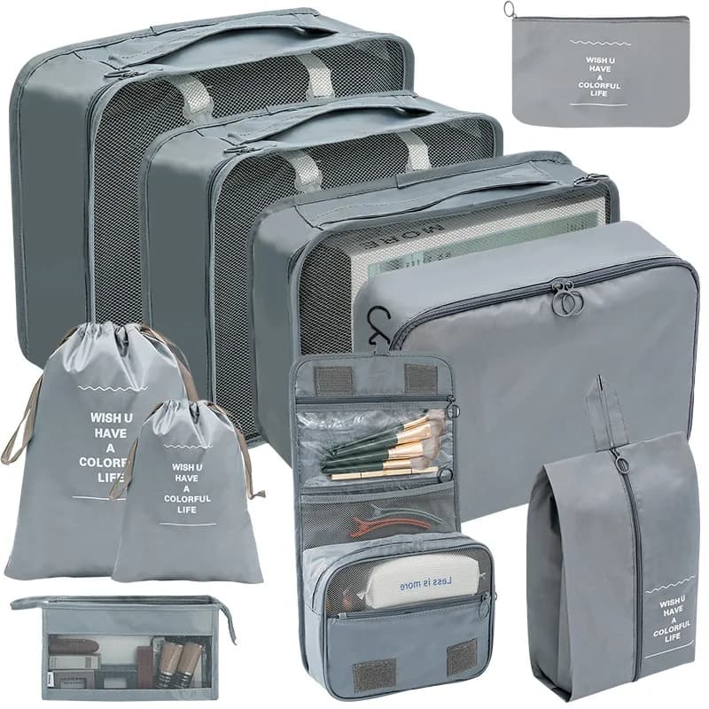 Set da 7/8/9/10 Pezzi: Organizzatori da Viaggio, Borse Contenitore, Cubi da Imballaggio per Valigie, Custodie Portatili per Armadio, Borse Pieghevoli per Vestiti e Scarpe