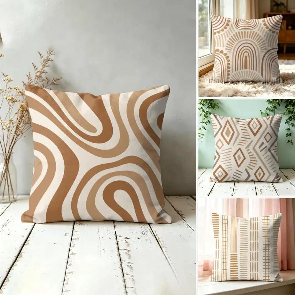 Neutral Boho Abstract Pillow Case Double-Sided Plush Sofa Cushion Covers Organic Breathable Invisible Zipper