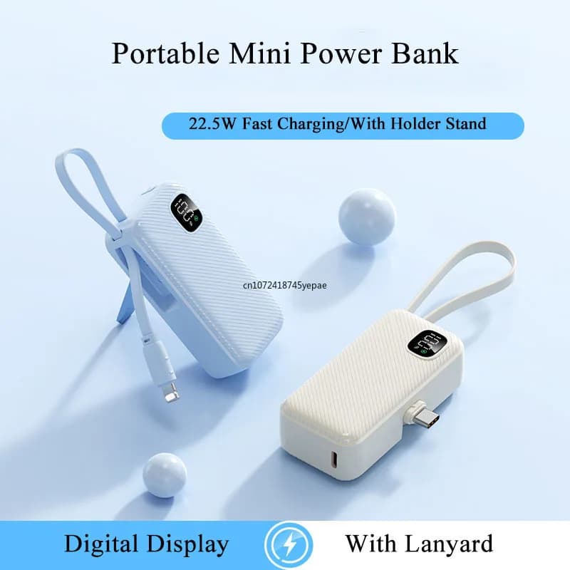 Power Bank Mini Capsula da 5000mAh, Ricarica Rapida 22.5W, Caricabatterie Portatile con Cavo Type C per iPhone Samsung Xiaomi