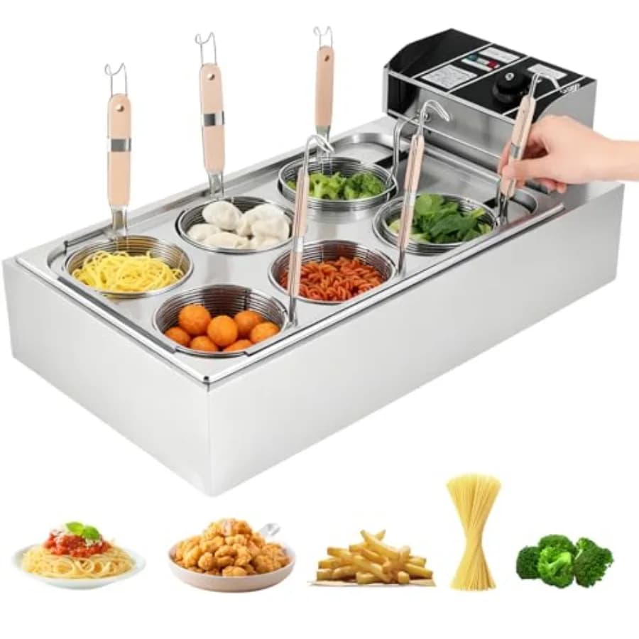 Cuocipasta Elettrico Commerciale con 6 Cestelli in Acciaio Inox, Controllo Temperatura 50-300°C, Macchina per Cuocere Noodle 110V per Ristoranti