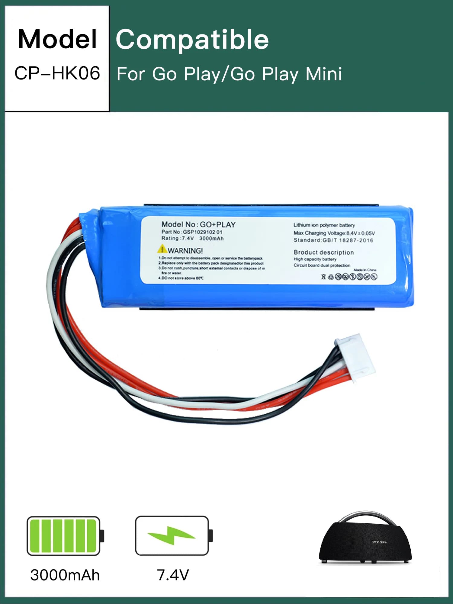 Batteria per Harman/Kardon Go Play, Go Play Mini, GO + Play CP-HK06, GSP1029102 01 3000mAh