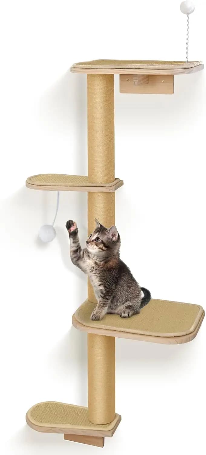 Mensole e Arrampicata per Gatti – Albero per Gatti a 4 Livelli Montato a Parete con Cuscinetti in Sisal Naturale, Torre Regolabile per Interni