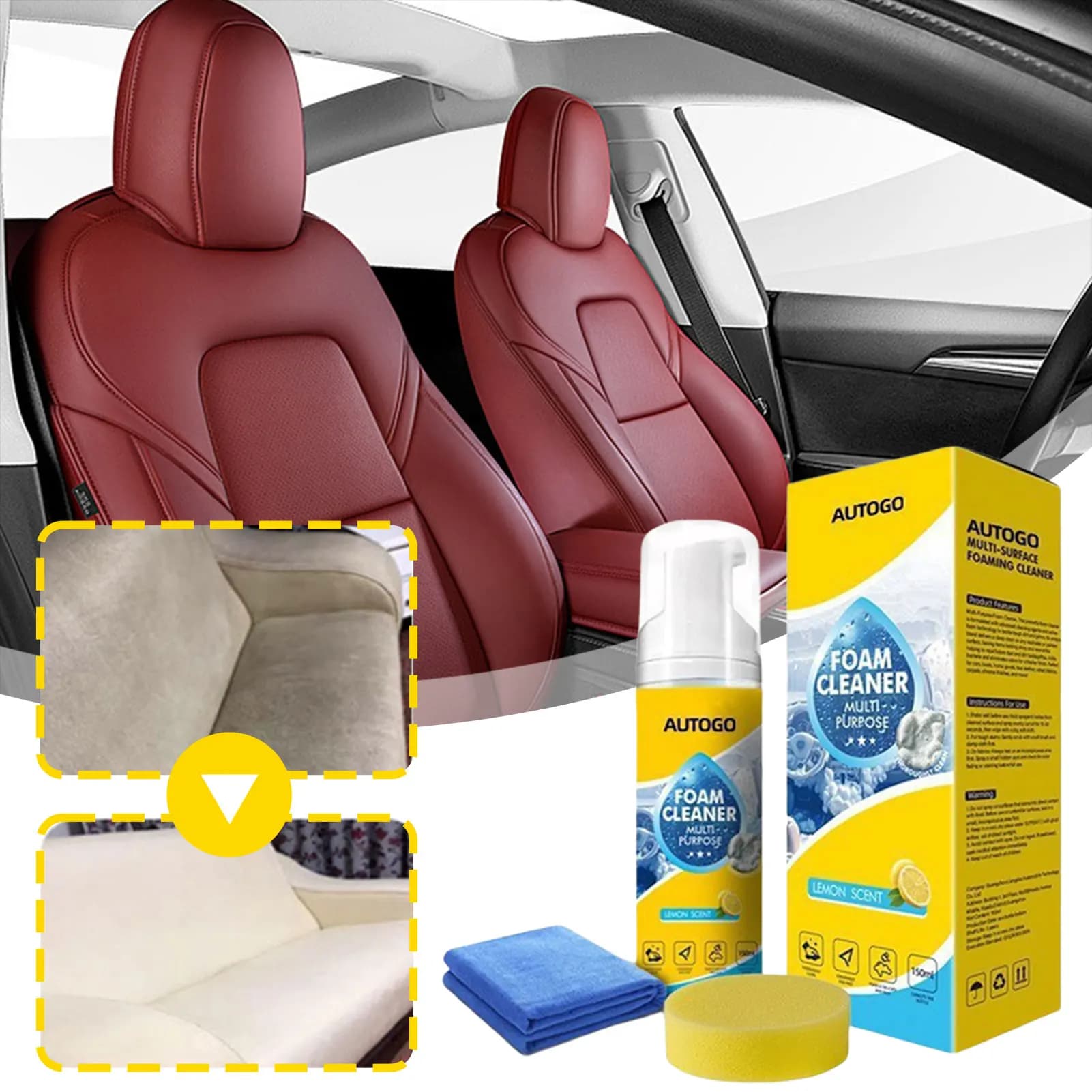 Detergente schiumogeno multiuso per interni auto, detergente schiumogeno con spugna, per sedili in pelle, scarpe bianche, smacchiatore, schiuma senza risciacquo