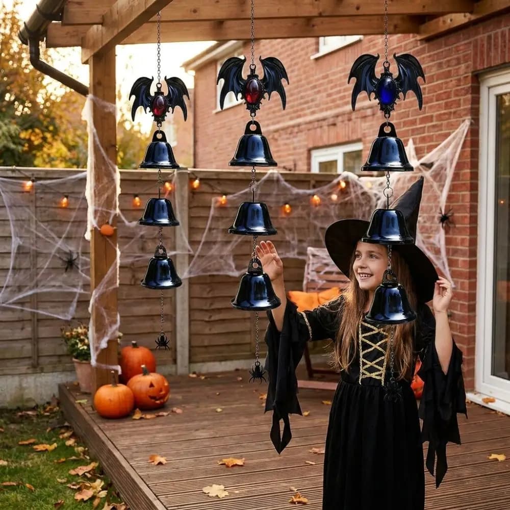 Dark Style Halloween Bat Wind Chime Vintage Triple Bell Bat Spider Hanging Ornament Fade Resistant Waterproof Wall Mounted Bells