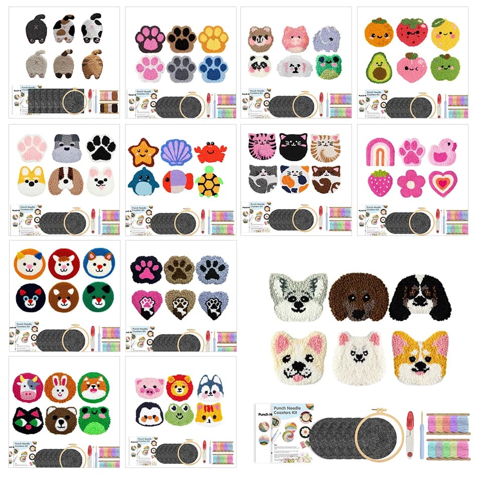 6pcs Punch Needle Animal Coaster Kit for Beginners DIY Tufted Rug Pads with Adhesive Felt Yarns Embroidery Easy Coasters Kits