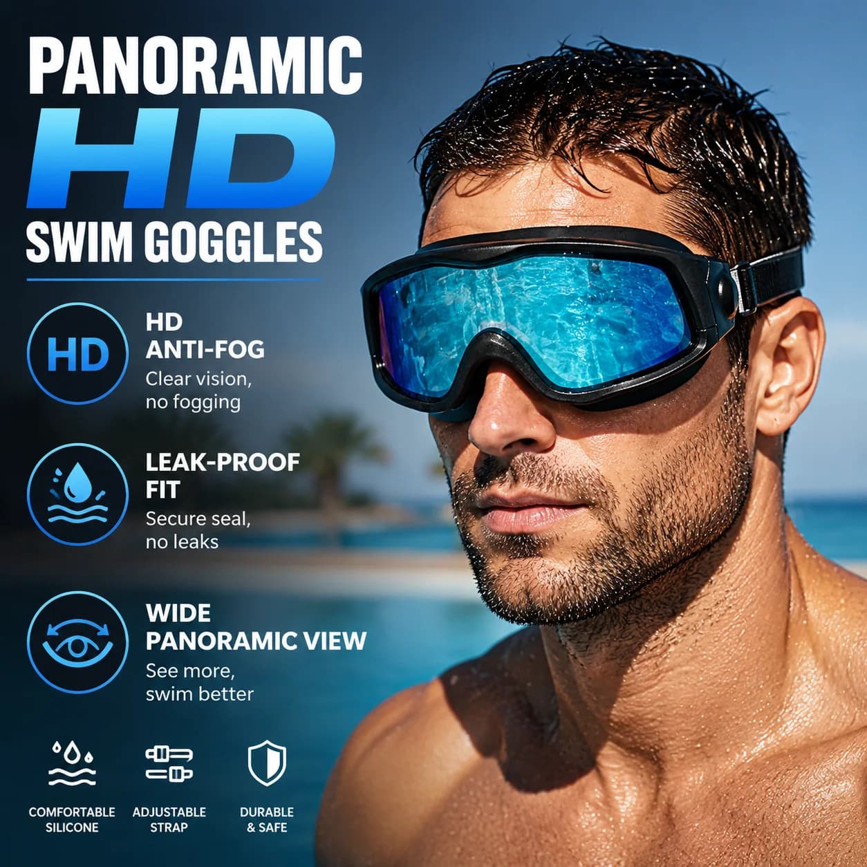 Adult Large Frame Swim Goggles Anti-Fog Waterproof UV Protection Silicone Swimming Glasses Adjustable Strap Water Sports