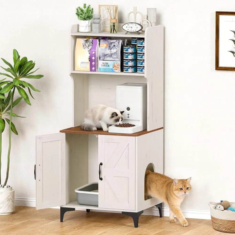 Lettiera per Gatti Multifunzione con Vano Portaoggetti e Bagno in Legno, Bianca