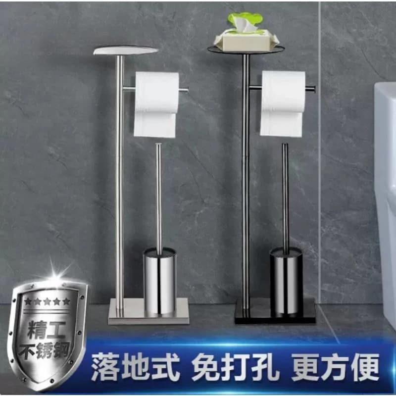 Floor-to-ceiling Tissue Holder Vertical Roll Holder with Toilet Brush Set Toilet Cleaning Brush Toilet Paper Holder