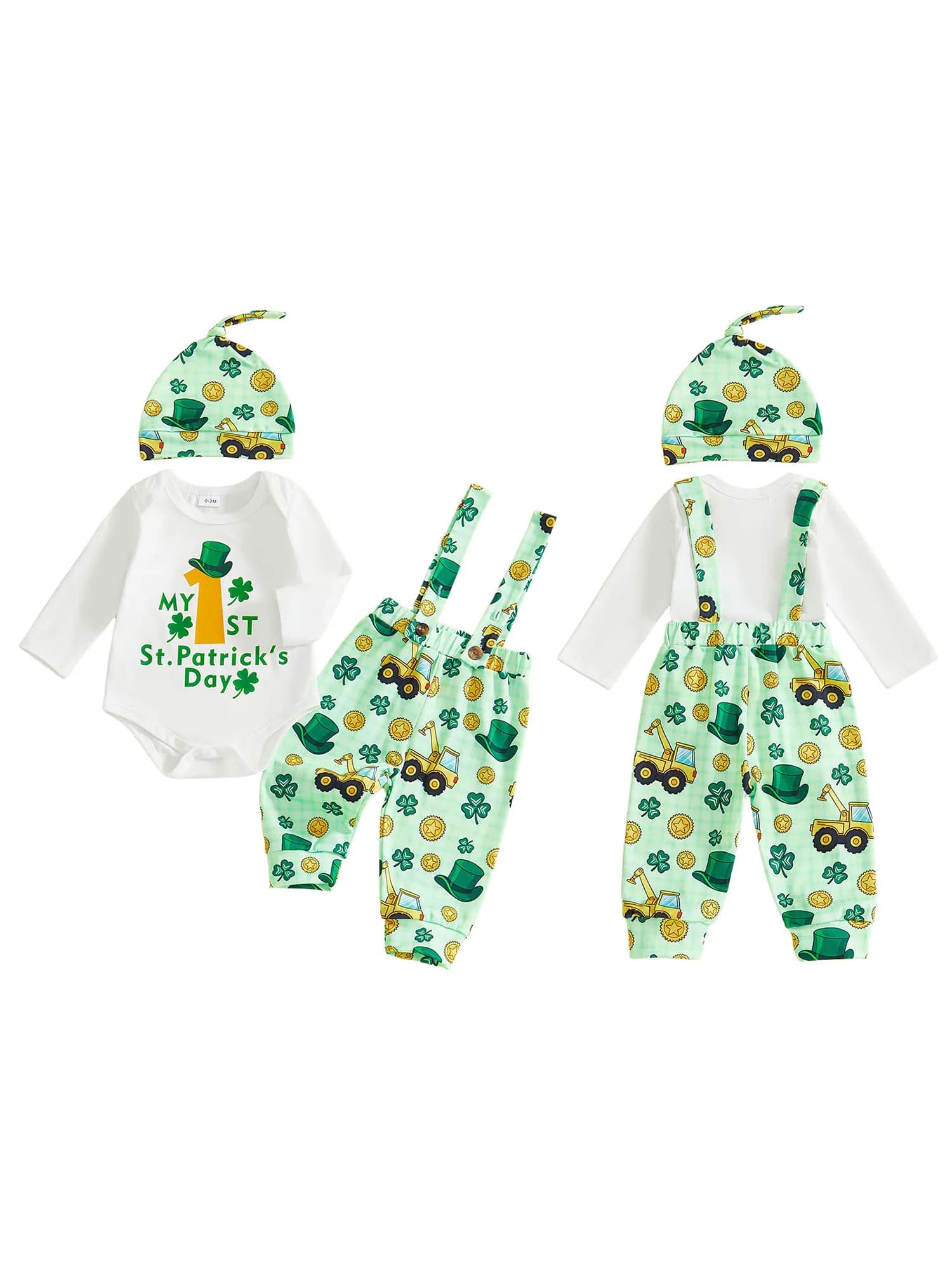 Elegante set da 3 pezzi per neonato di San Patrizio con pagliaccetto a maniche lunghe, pantaloni con bretelle e cappello con stampa trifoglio