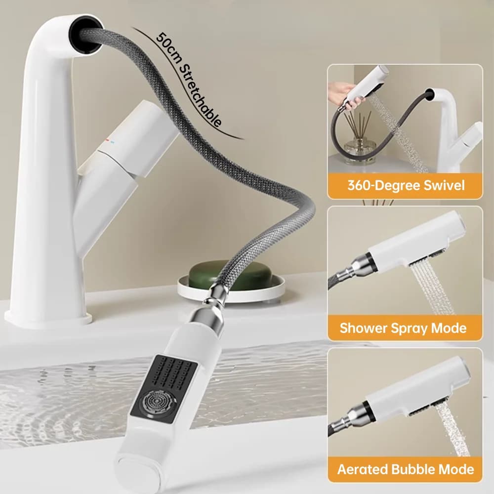 Rubinetto Estraibile per Lavabo Bagno, Miscelatore Acqua Calda e Fredda, Rubinetto per Lavabo Sollevabile, con Soffione a Pioggia Girevole a 360 Gradi