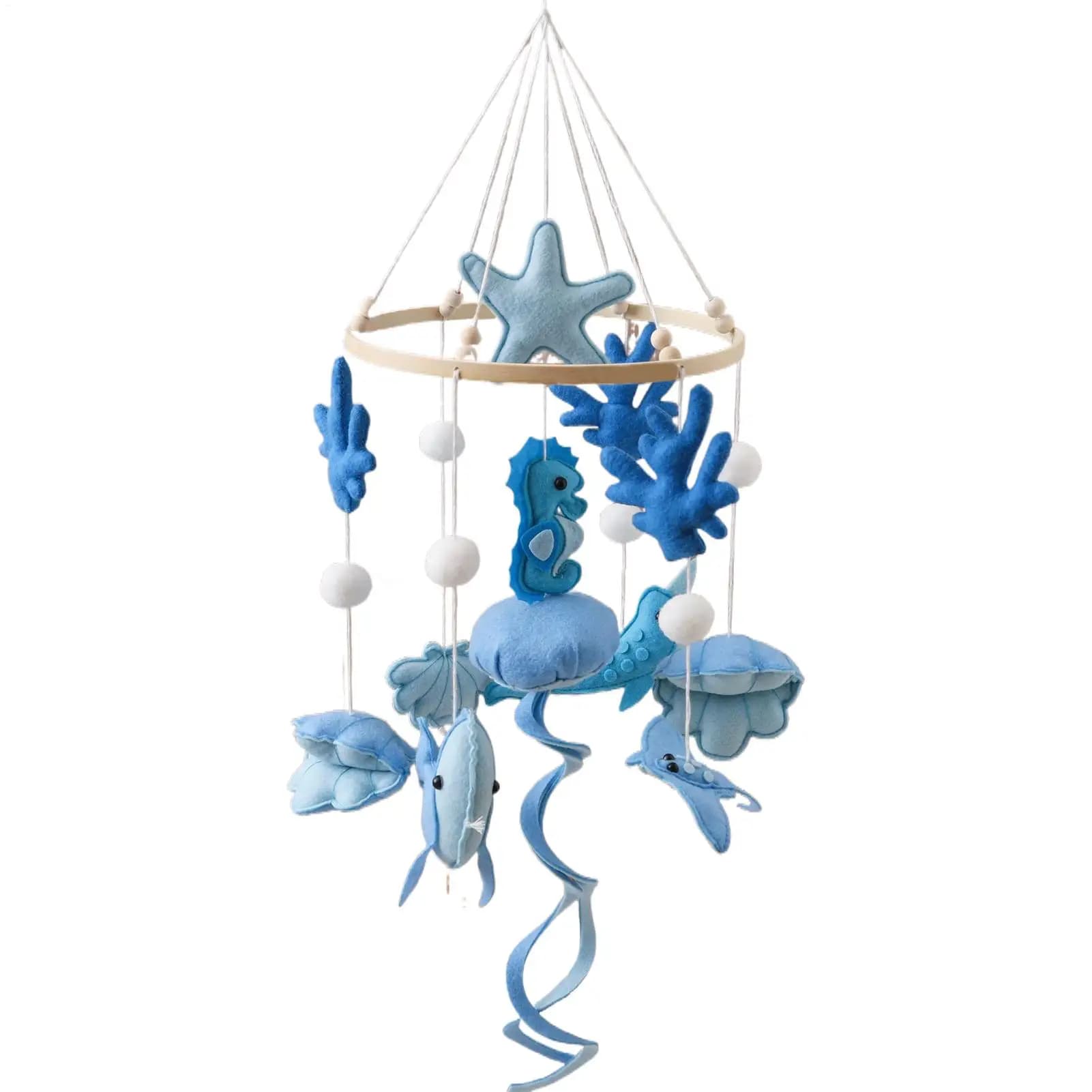 Mobile da letto in legno per neonati con corda per appendere, giocattolo in feltro morbido blu con animali marini, supporto per braccio, regalo per bambini