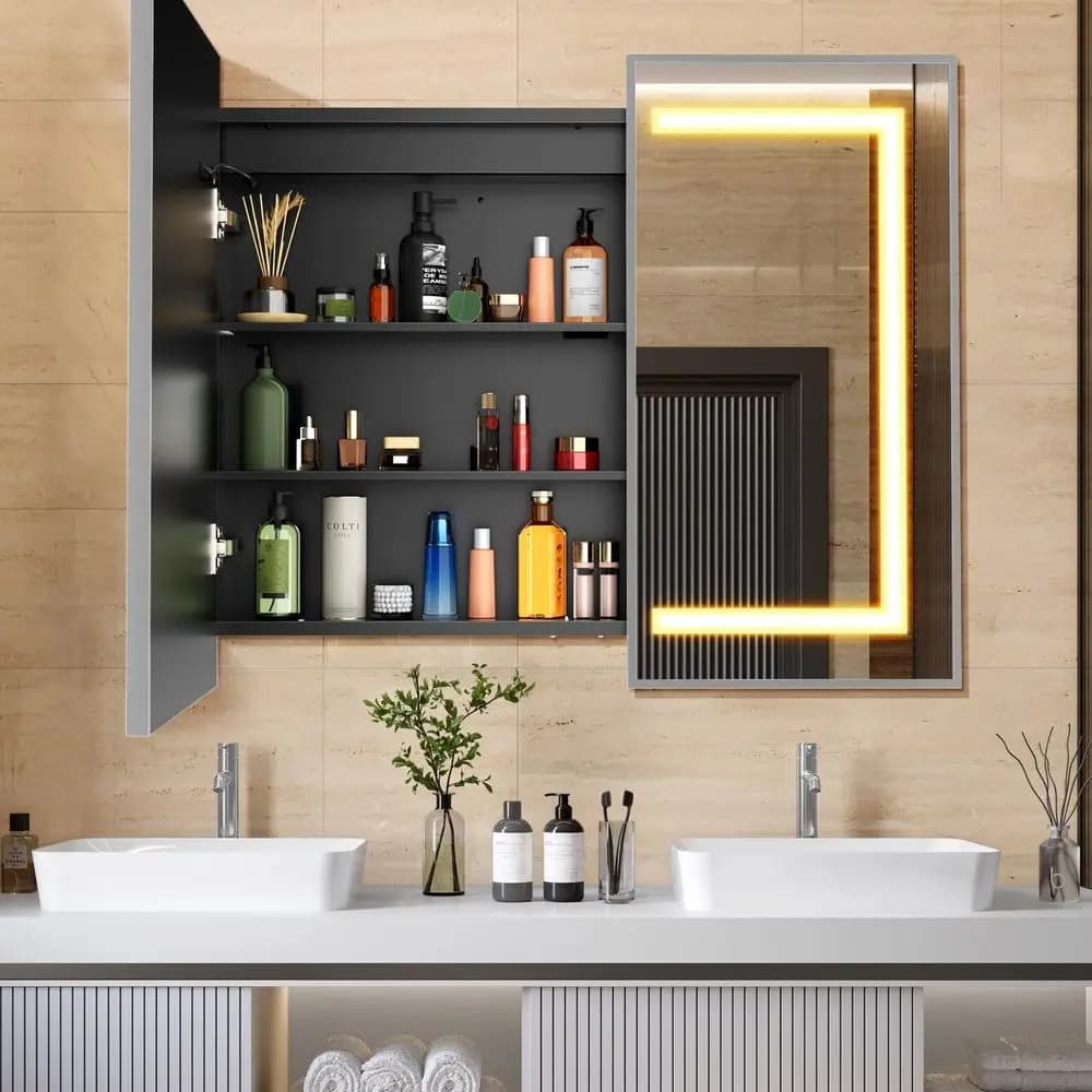Armadietto da Bagno con Specchio 36x30 Pollici Argento, Illuminazione Integrata o a Superficie con 3 Temperature di Colore