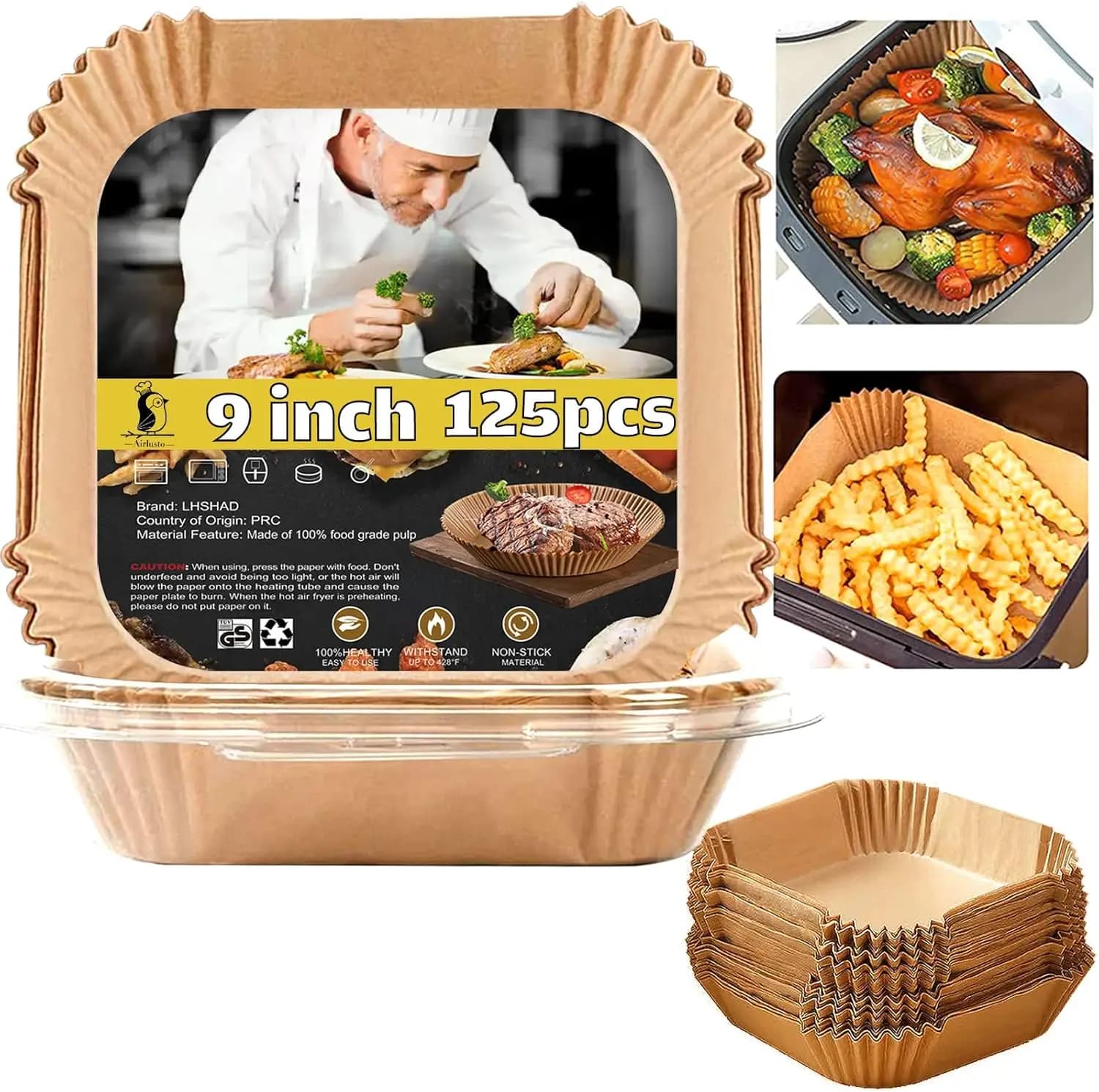 Fogli di Carta da Forno Monouso per Friggitrice ad Aria da 9 Pollici, 125 Pezzi Grandi Quadrati Antiaderenti per Friggere e Cuocere (5QT-8QT)