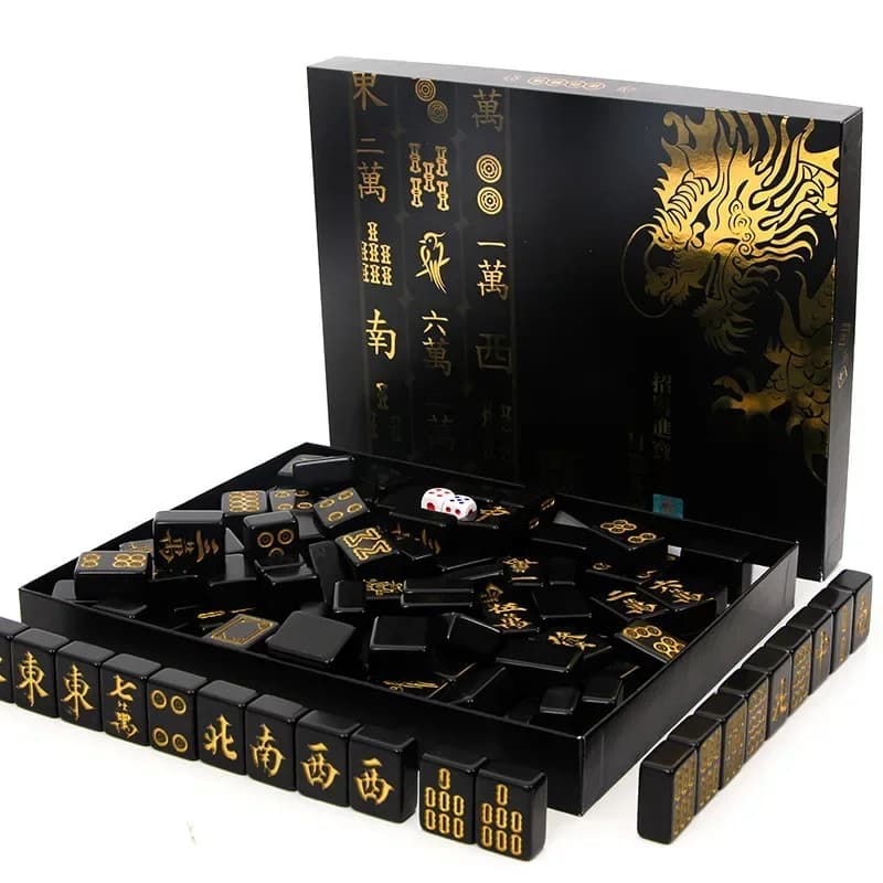 144 Pieces 20MM/30MM Black Gold Mahjong Tiles Set Household Mini Size Portable Outdoor Level Family Party Game Mahjong with Chip