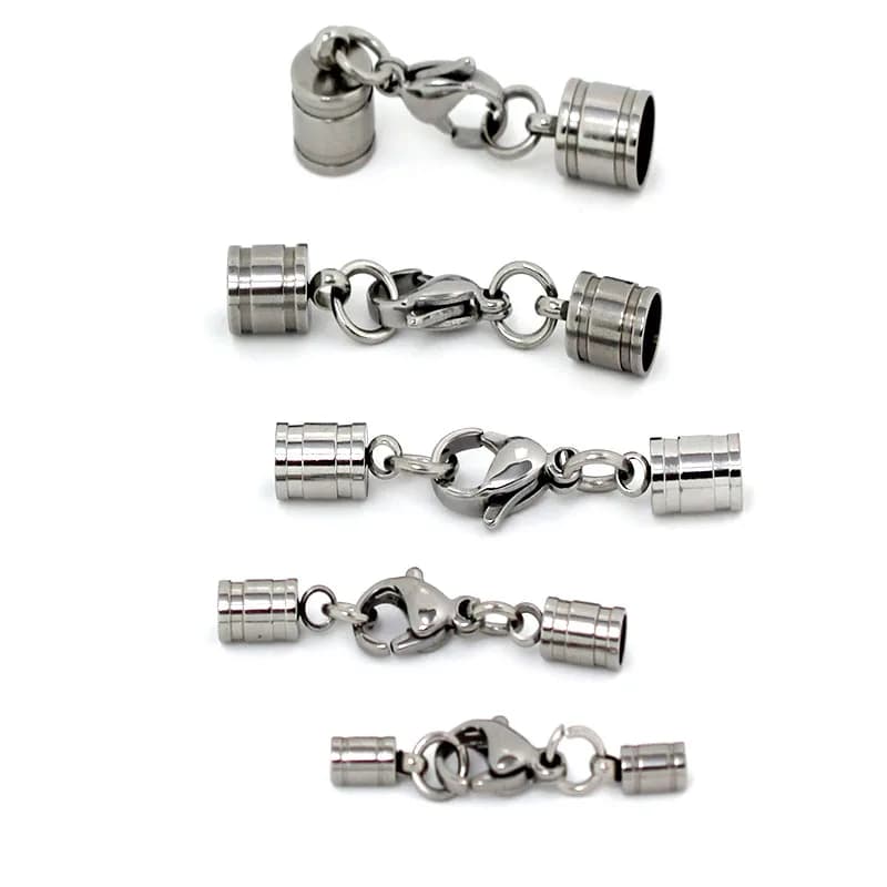 5 Set Chiusure a moschettone in acciaio inossidabile Ganci Tappi terminali per cordoncino in pelle Crimps Connettori con punta terminale per la creazione di gioielli con collane e braccialetti