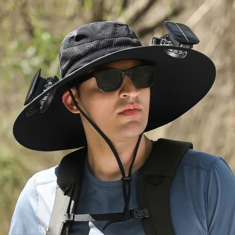 Cappello con Ventilatore Solare e Protezione UV per Uomo, Tesa Larga UPF50+, Doppia Alimentazione Solare e USB, Regolabile, per Esterni, Spiaggia, Pesca, Viaggi, Rinfrescante