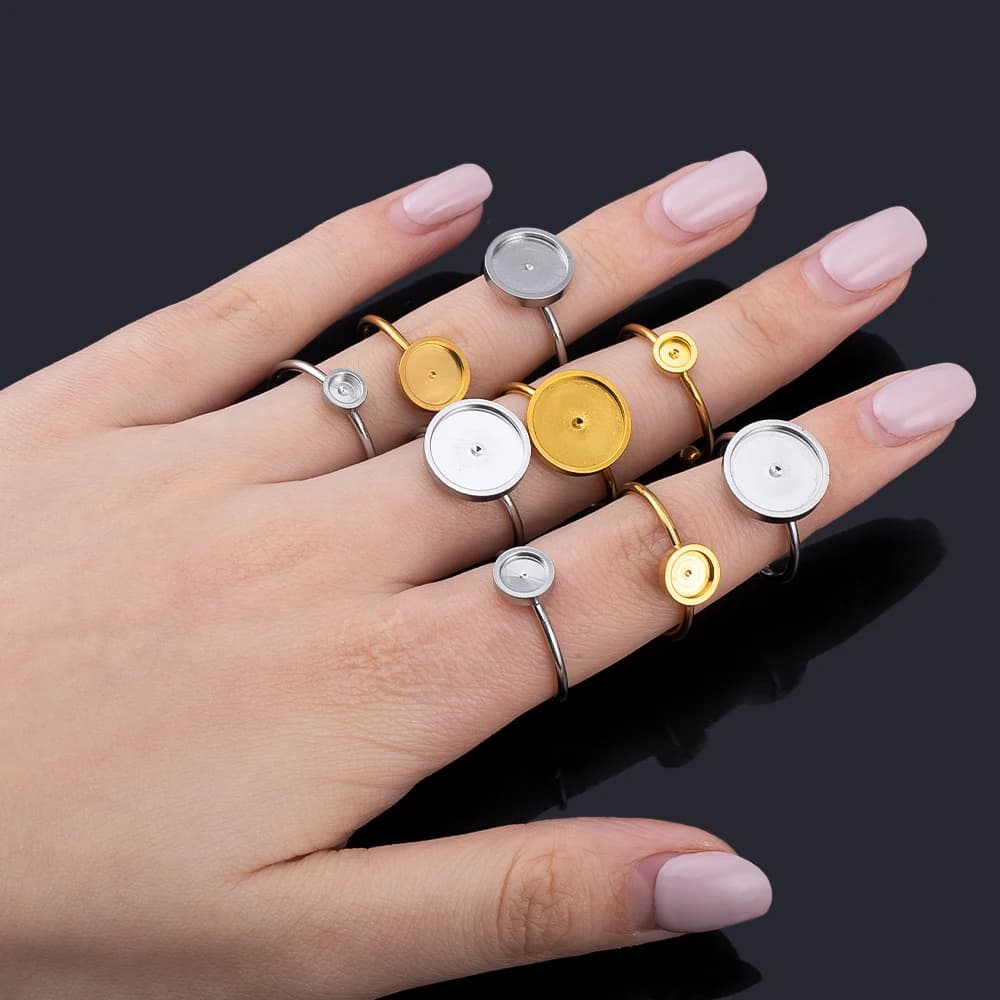 10pcs Adjustable Open Finger Ring Setting Stainless Steel 4mm 8mm 12mm Round Blank Ring Base Bezel Cabochon DIY Jewelry Making