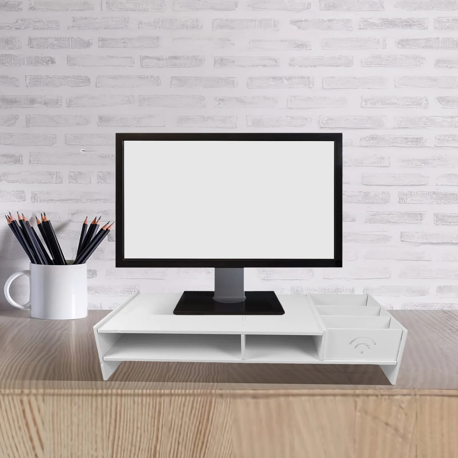 Ergonomic Monitor Riser Stand with Built in Drawer Desktop Organizer Shelf for Laptop Computer Printer Keyboard Space Saving