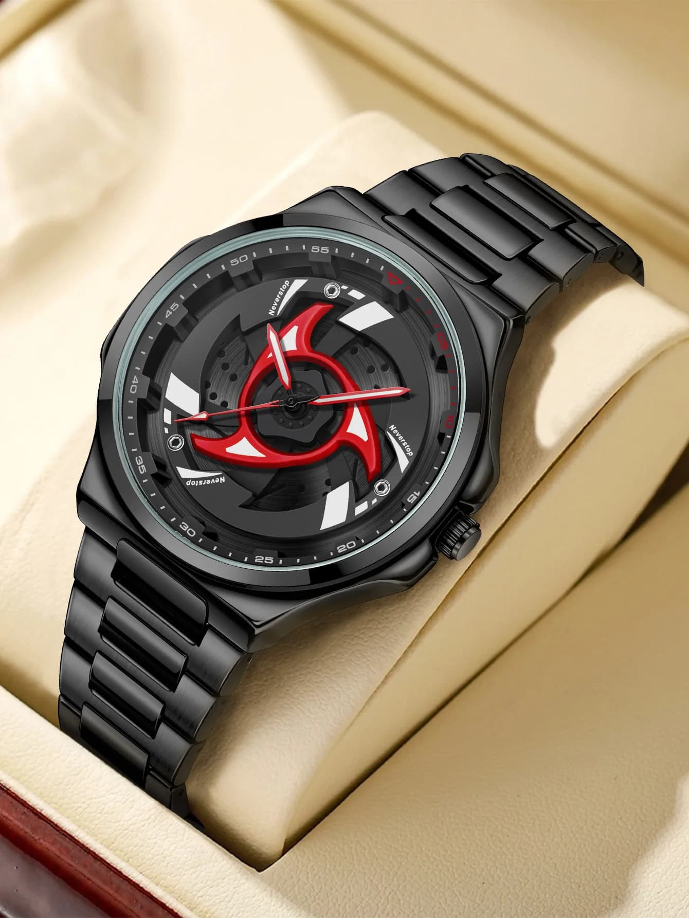 Men's Quartz Watch with Sharingan Anime Design, Stainless Steel Strap, Waterproof, Sporty, Casual and Fashion