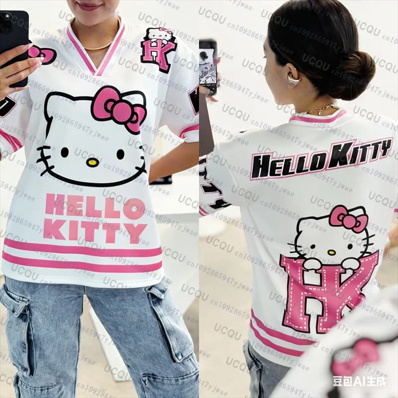 Maglietta Cartoon Hello Kitty, Abbigliamento Sportivo alla Moda, Pigiama con Scollo a V per Uomo e Donna, T-shirt Casual Leggera e Traspirante, Streetwear