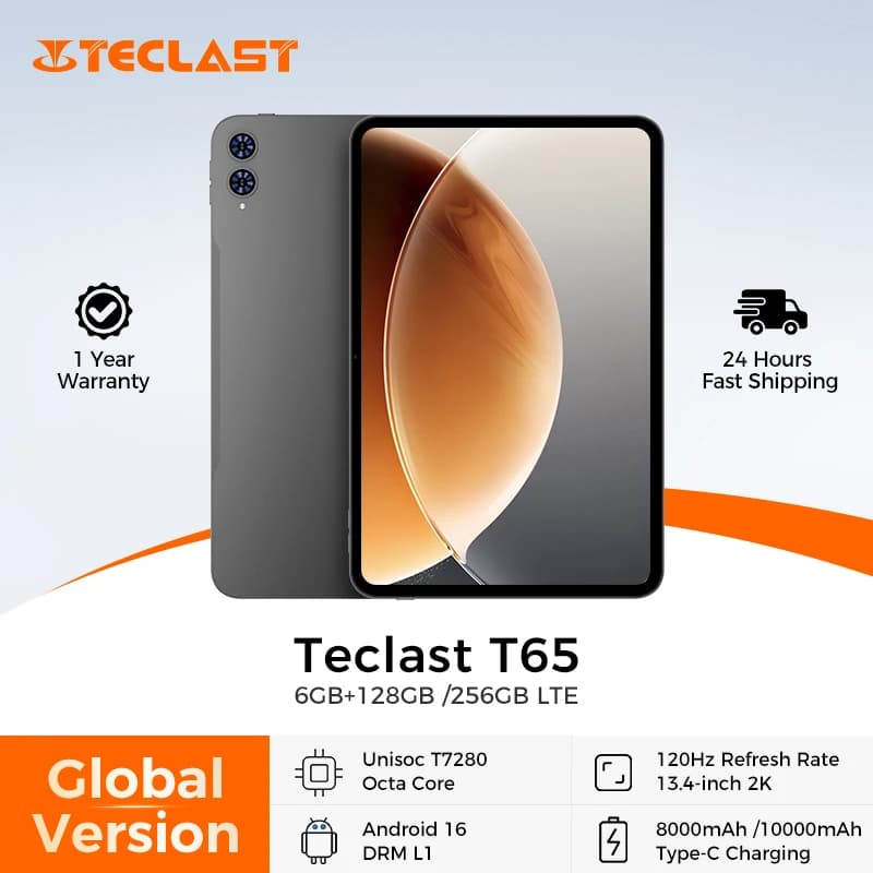 Teclast T65 Tablet 13.4" 2K 120Hz Dsiplay Unisoc T7280 Octa Core Max 26GB RAM 128GB ROM 8000mAh Battery Android 16 Lte Tablets