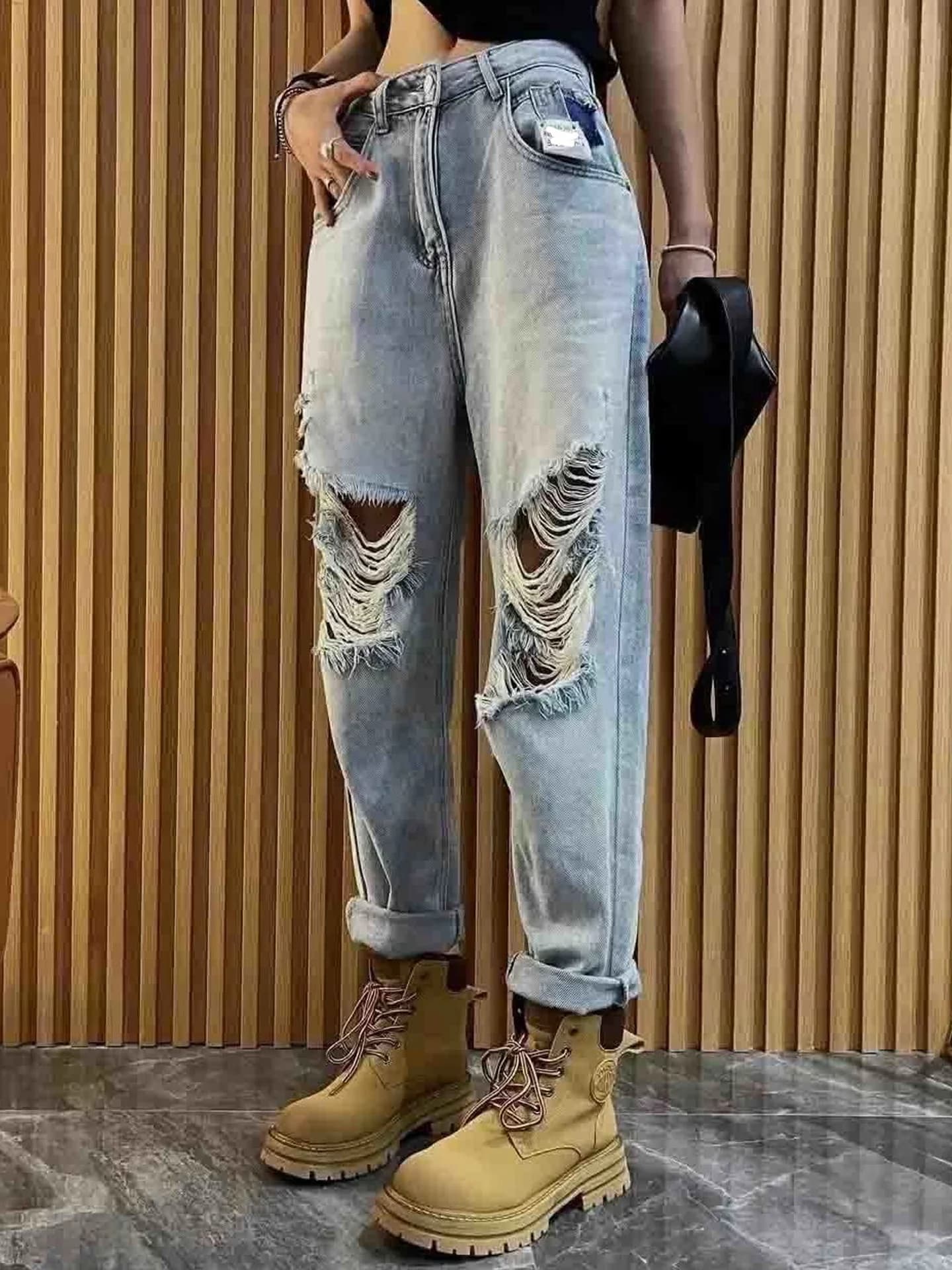 Jeans Harlan a Vita Alta da Donna, Nuovo Stile Estivo Americano, Jeans Dad con Design a Strappi, Pantaloni in Denim Versatili e Modellanti
