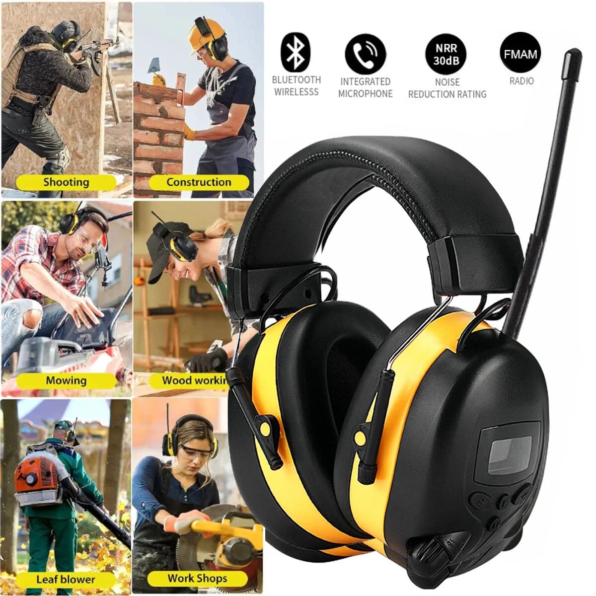 Hearing Protection Headphones 1PC Bluetooth Headphones with FM radio with digital display Safety Anti-noise Headphones for mowing heels